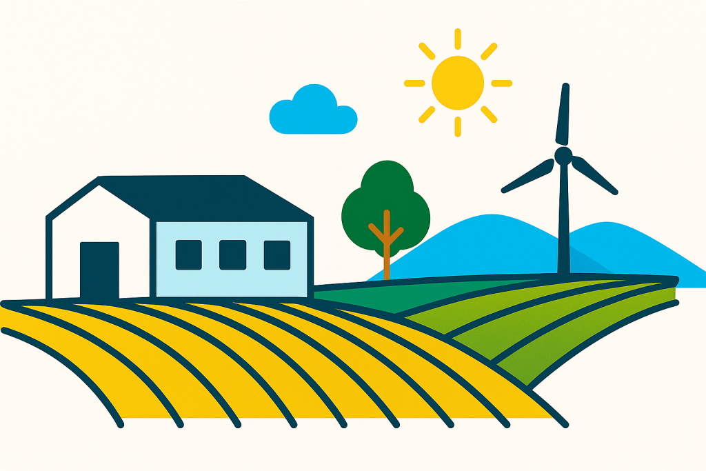 Die Grafik zeigt eine stilisierte ländliche Szene in kräftigen Farben und flächigem Design. Links befindet sich ein hellblaues Bauernhaus mit dunklem Dach und drei Fenstern. Davor breiten sich goldgelbe Felder mit gleichmäßigen, geschwungenen Linien aus, die Reihen von Nutzpflanzen darstellen. Rechts davon steht ein grüner Laubbaum mit braunem Stamm. Dahinter erstrecken sich hügelige Felder in Grüntönen, gefolgt von blauen Hügeln im Hintergrund. Ein großes Windrad steht rechts neben dem Baum. Über der Landschaft strahlt eine gelbe Sonne, links daneben schwebt eine blaue Wolke. Das Bild vermittelt eine moderne, nachhaltige und klimafreundliche Landwirtschaft.